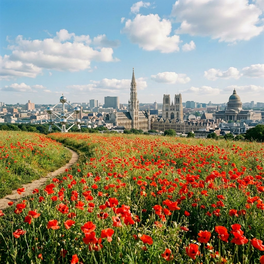 Field of red poppies leading to Atomium and city skyline with blue sky and clouds