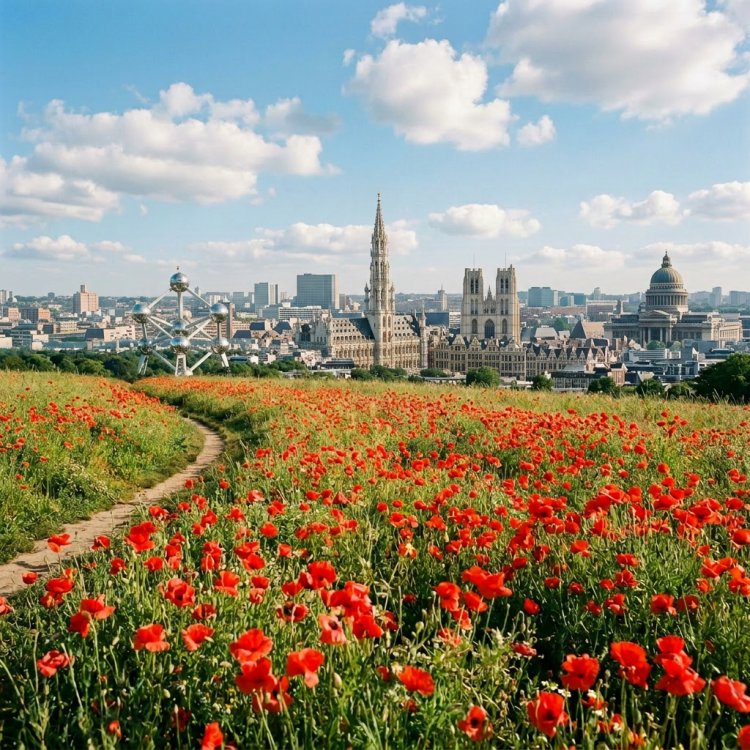 Field of red poppies leading to Atomium and city skyline with blue sky and clouds
